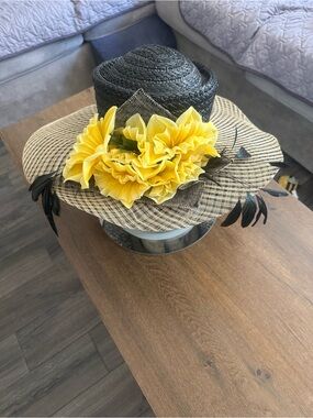 Black Straw Hat with Yellow Floral Trim